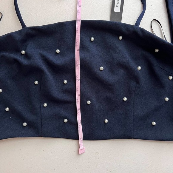 Miss Avenue Womens Pearl Off The Shoulder Crop Top Medium Navy Blue Halter - Picture 10 of 10